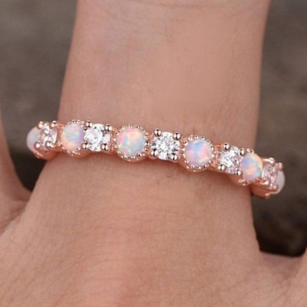 18K ROSE GOLD DIAMOND OPAL HALF ETERNITY RING, CUTE RING, SHINY RING.